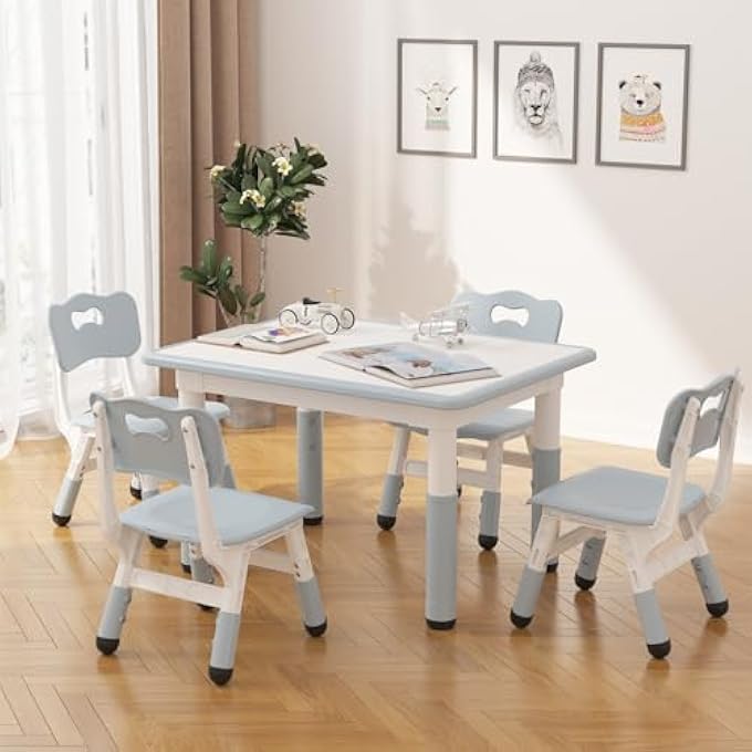 rayihni CHILDREN'S TABLE PACK OF 4 CHAIRS, PLASTIC CHILDREN'S SEATING SET, HEIGHT ADJUSTABLE, MULTIFUNCTIONAL PLAY TABLE, STABLE FOR CHILDREN, ERGONOMIC TABLE CHAIR SET FOR CHILDREN'S ROOM, 80 X 60 X 48-60 CM - Image 1